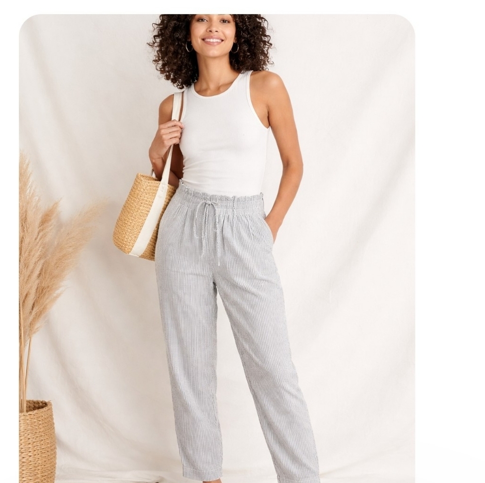 A New Day Linen Blend Blue and White Striped Wide Leg Pants Large